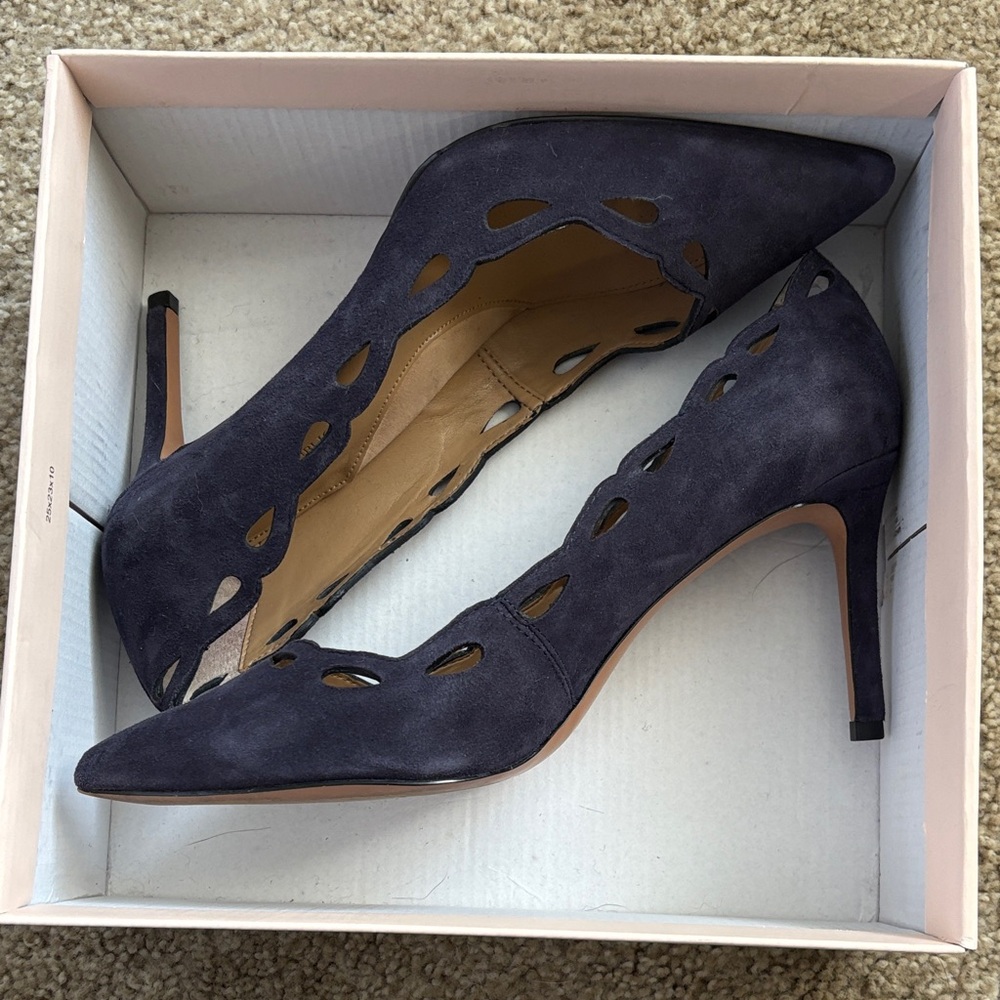 Laser cut navy suede heels